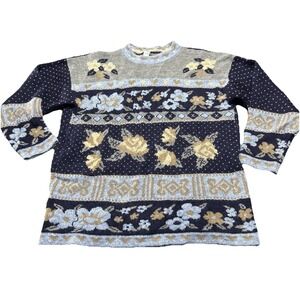 Vintage Made in USA Floral Fair Isle Striped Cottagecore Chunky Knit Sweater XL